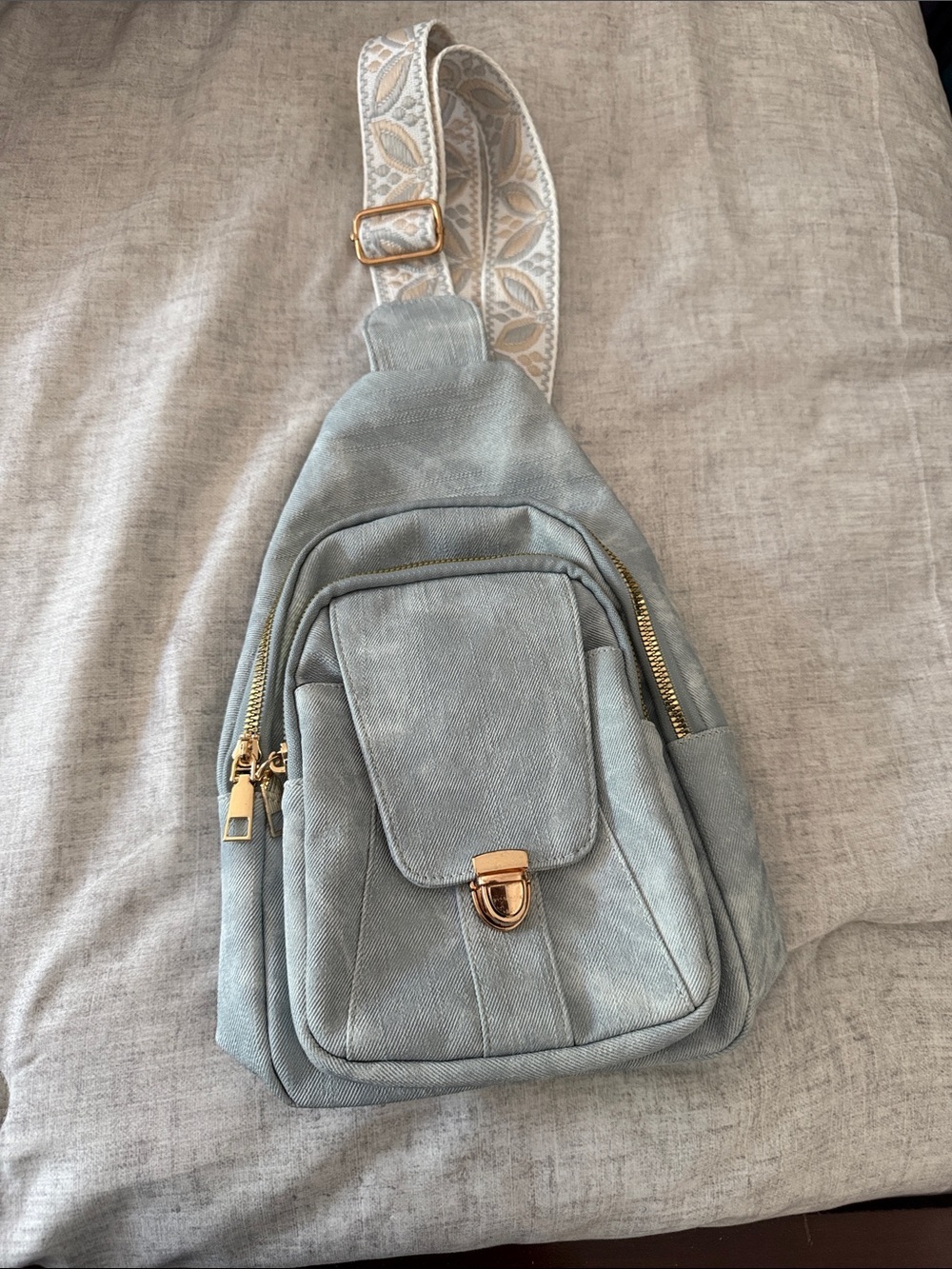Light Blue Crossbody Sling Bag with Gold Hardware